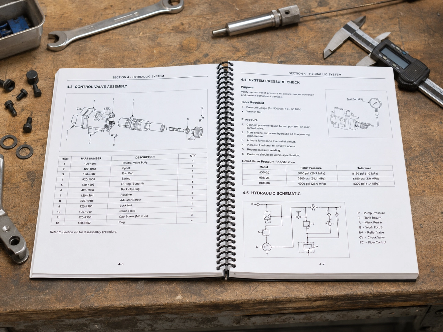 Spiral bound technical manual lying flat open on a workbench for hands-free reference