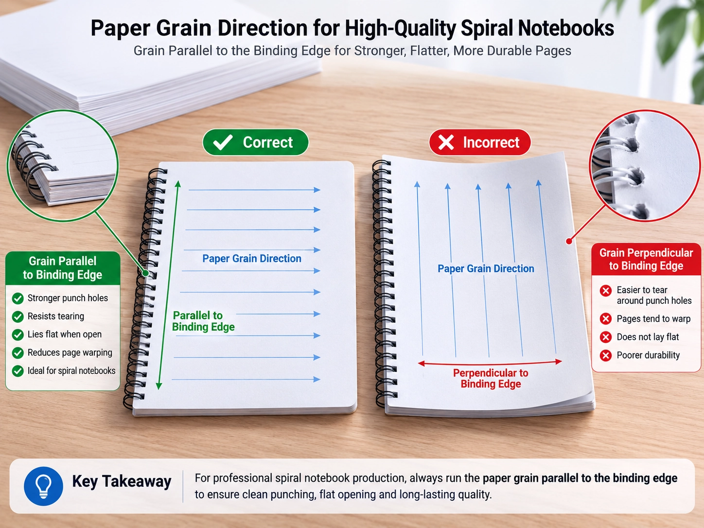 Diagram showing correct paper grain direction parallel to the binding edge for high-quality spiral notebooks