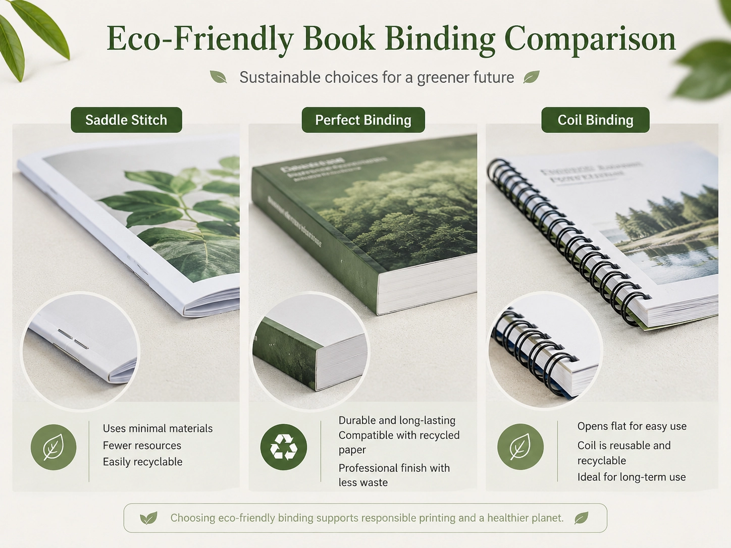 Eco-friendly ways of binding books comparison showing saddle stitch, perfect binding, and coil binding for sustainable printing